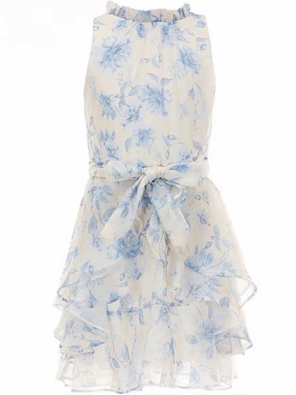 GB girls Cream and Light Blue Floral Tie-Waist Ruffle Dress